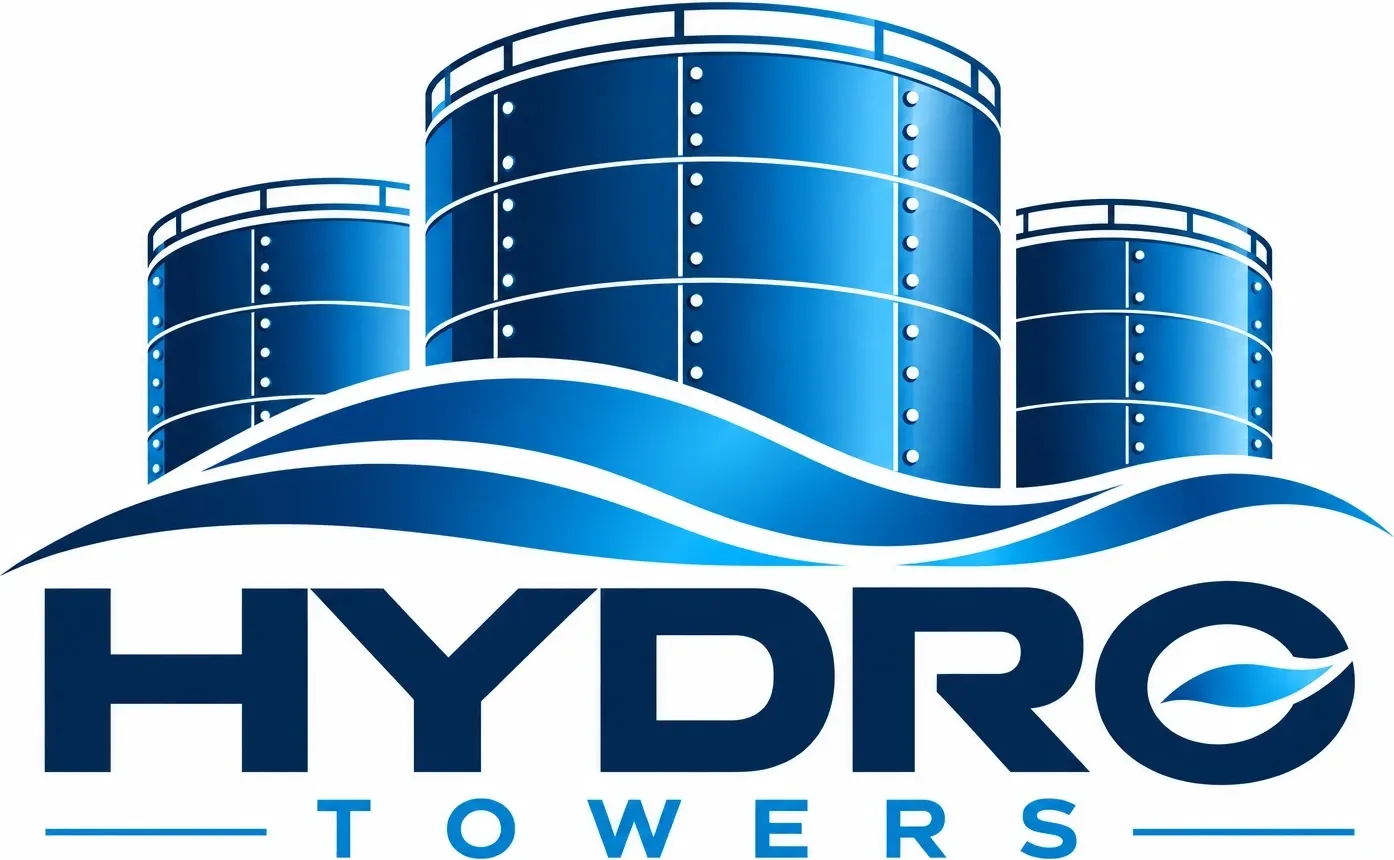 Hydro Towers logo: three blue storage tanks above a wave, with the words Hydro Towers.