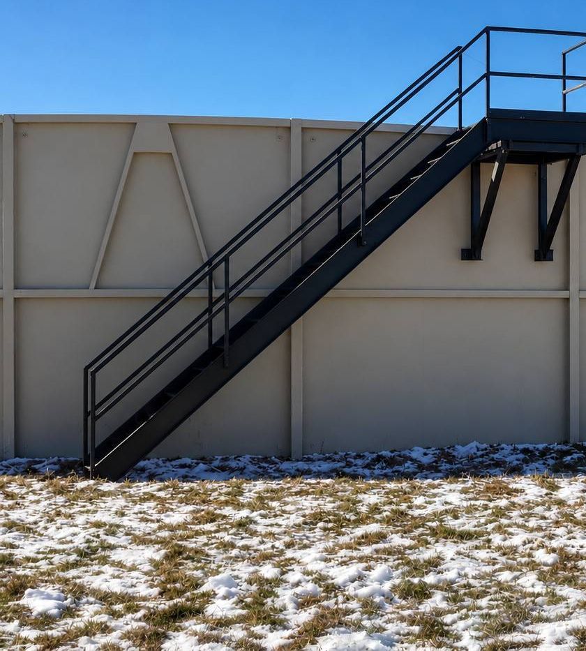 Close view of a tank wall with a steel access stair and landing against a clear blue sky.
